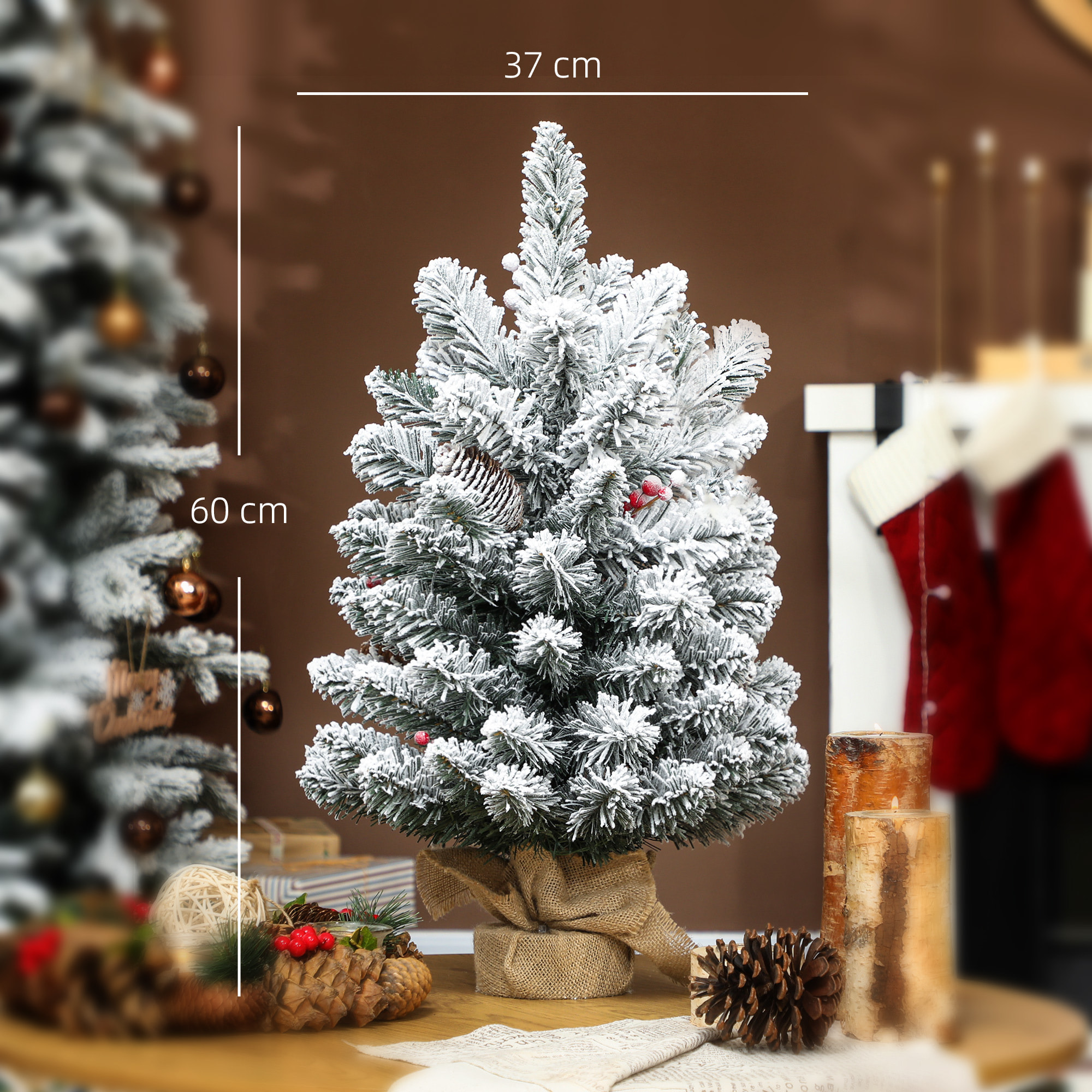 Árbol de Navidad con 35 Luces LED, 60 cm, Mini Árbol de Navidad Artificial con 72 Ramas Densas con Nieve, Piñas, Bayas y Base de Arpillera, Decoración Navideña de Mesa para Casa, Oficina, Verde