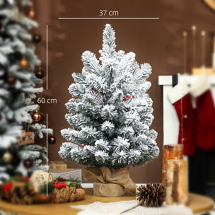 Árbol de Navidad con 35 Luces LED, 60 cm, Mini Árbol de Navidad Artificial con 72 Ramas Densas con Nieve, Piñas, Bayas y Base de Arpillera, Decoración Navideña de Mesa para Casa, Oficina, Verde