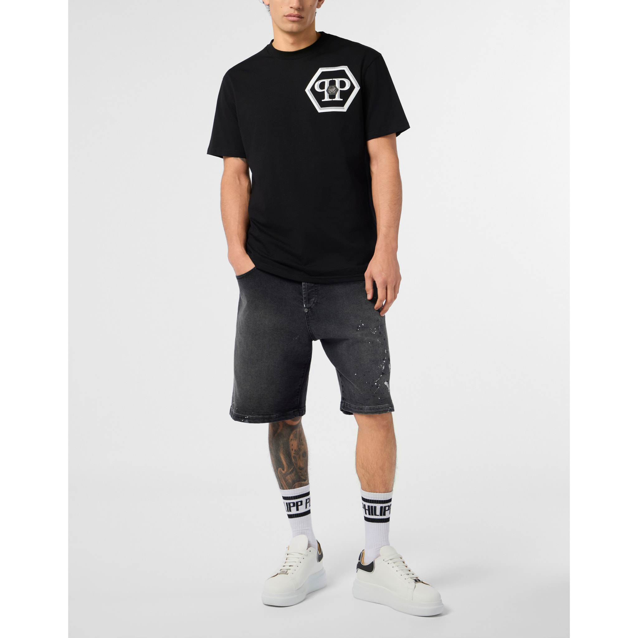 PHILIPP PLEIN Round Neck T-Shirt Lines Hexagon