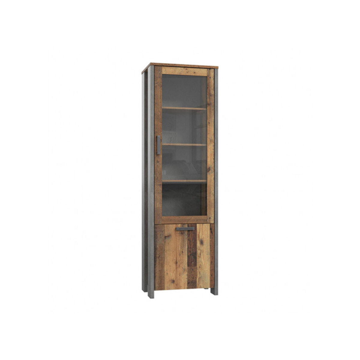 Vitrine en bois H205cm effet bois vieilli avec porte vitrée réversible - FRED