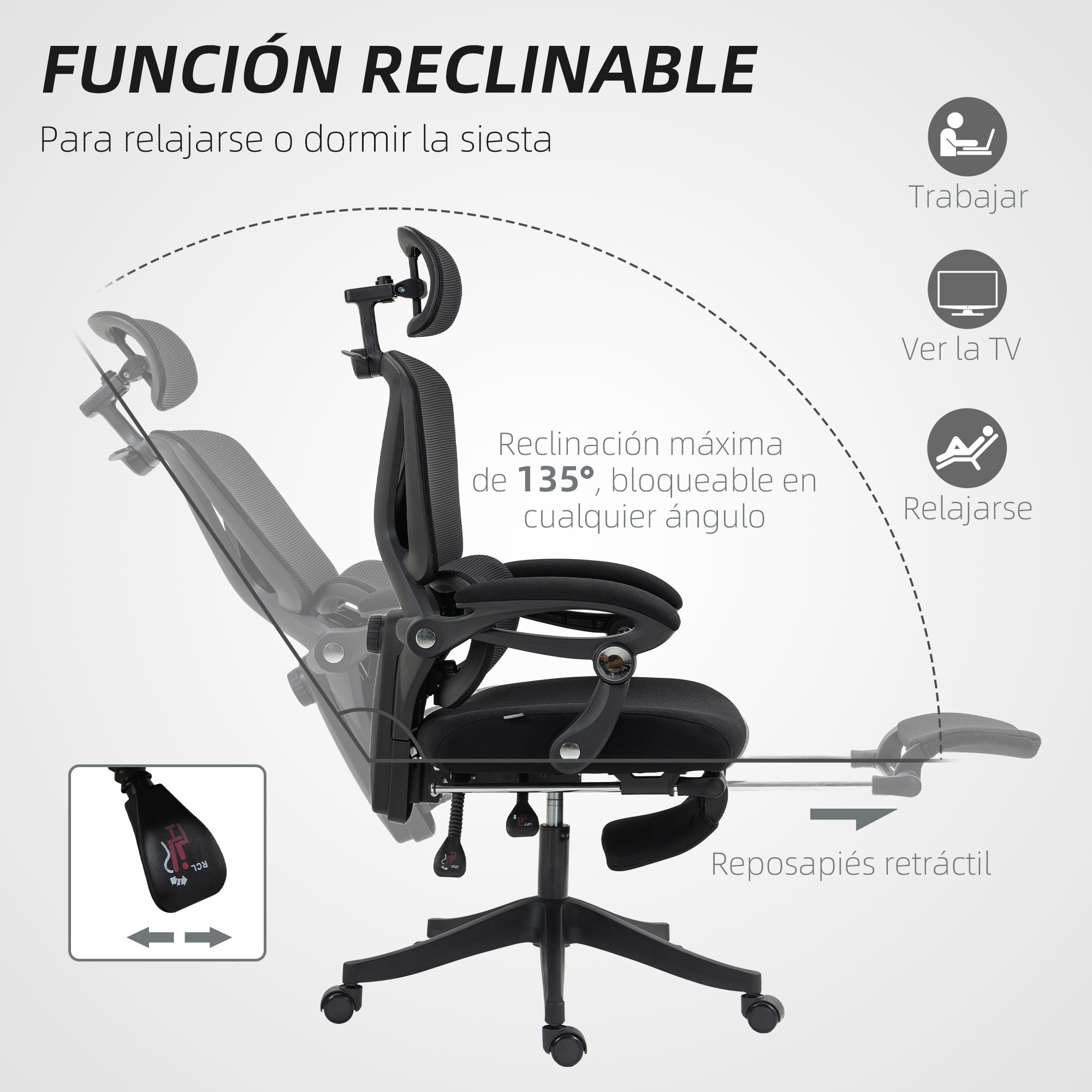 Silla de Escritorio de Malla Silla de Oficina Reclinable con Reposacabezas Soporte Lumbar Reposapiés y Altura Regulable Función de Basculante Carga 135 kg Negro