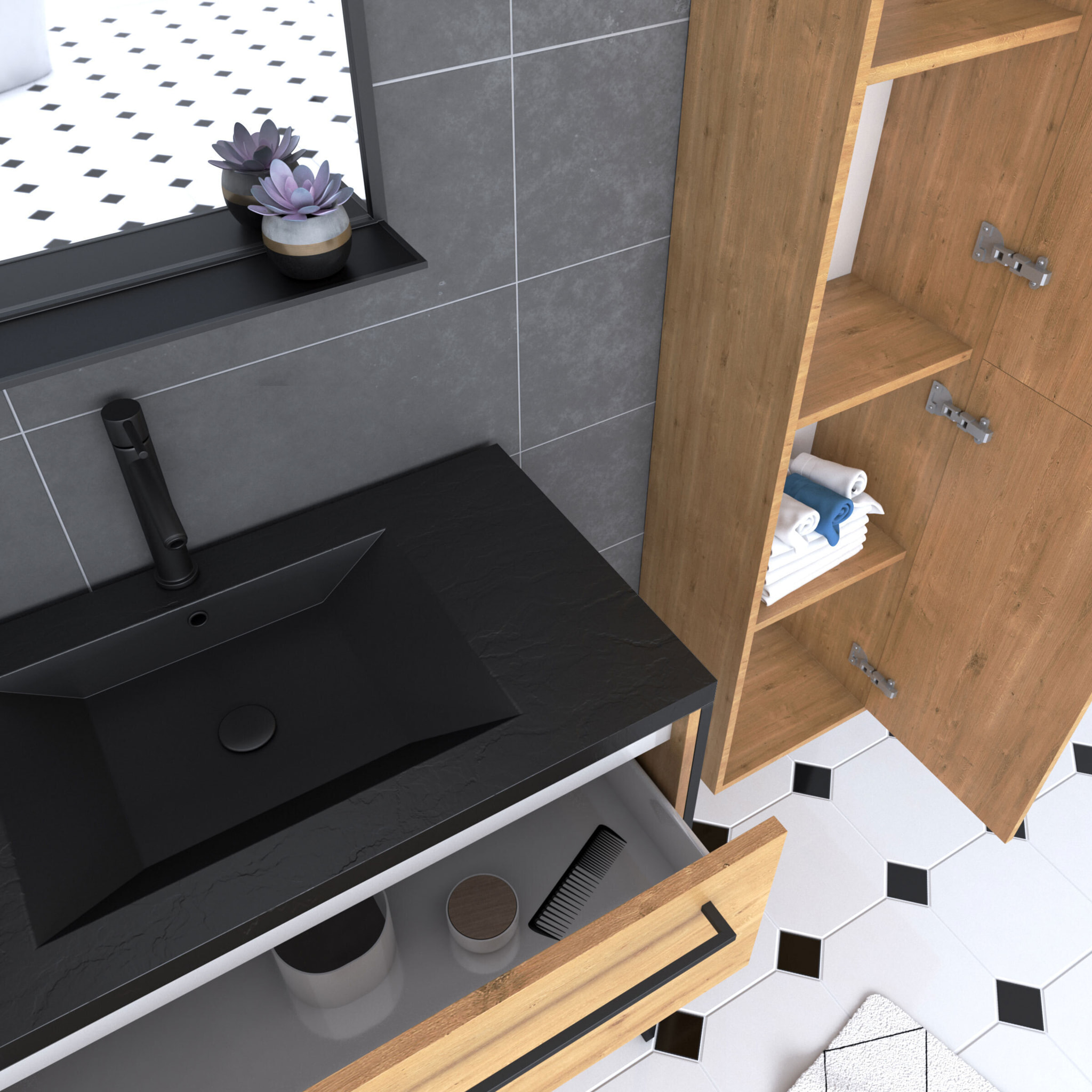 Pack meuble de salle de bain 80x50cm chene brun - 2 tiroirs chene brun - vasque resine noire