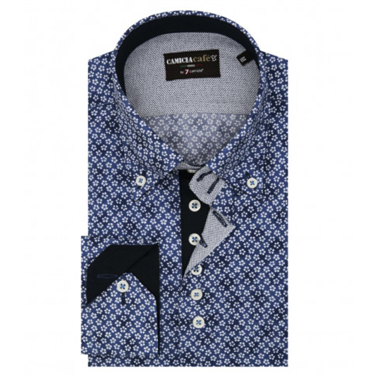 Camicia Uomo 2 Bottoni Button Down 7 Bottoni Slim Cotone Poliestere Stampa Blu Chiaro/Bianco