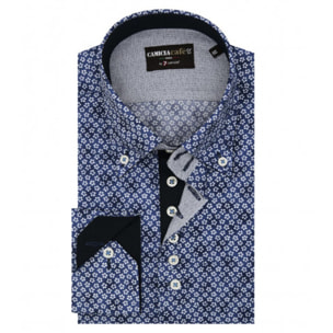Camicia Uomo 2 Bottoni Button Down 7 Bottoni Slim Cotone Poliestere Stampa Blu Chiaro/Bianco