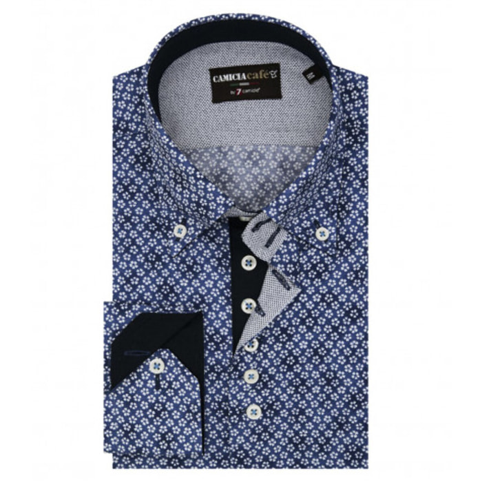 Camicia Uomo 2 Bottoni Button Down 7 Bottoni Slim Cotone Poliestere Stampa Blu Chiaro/Bianco
