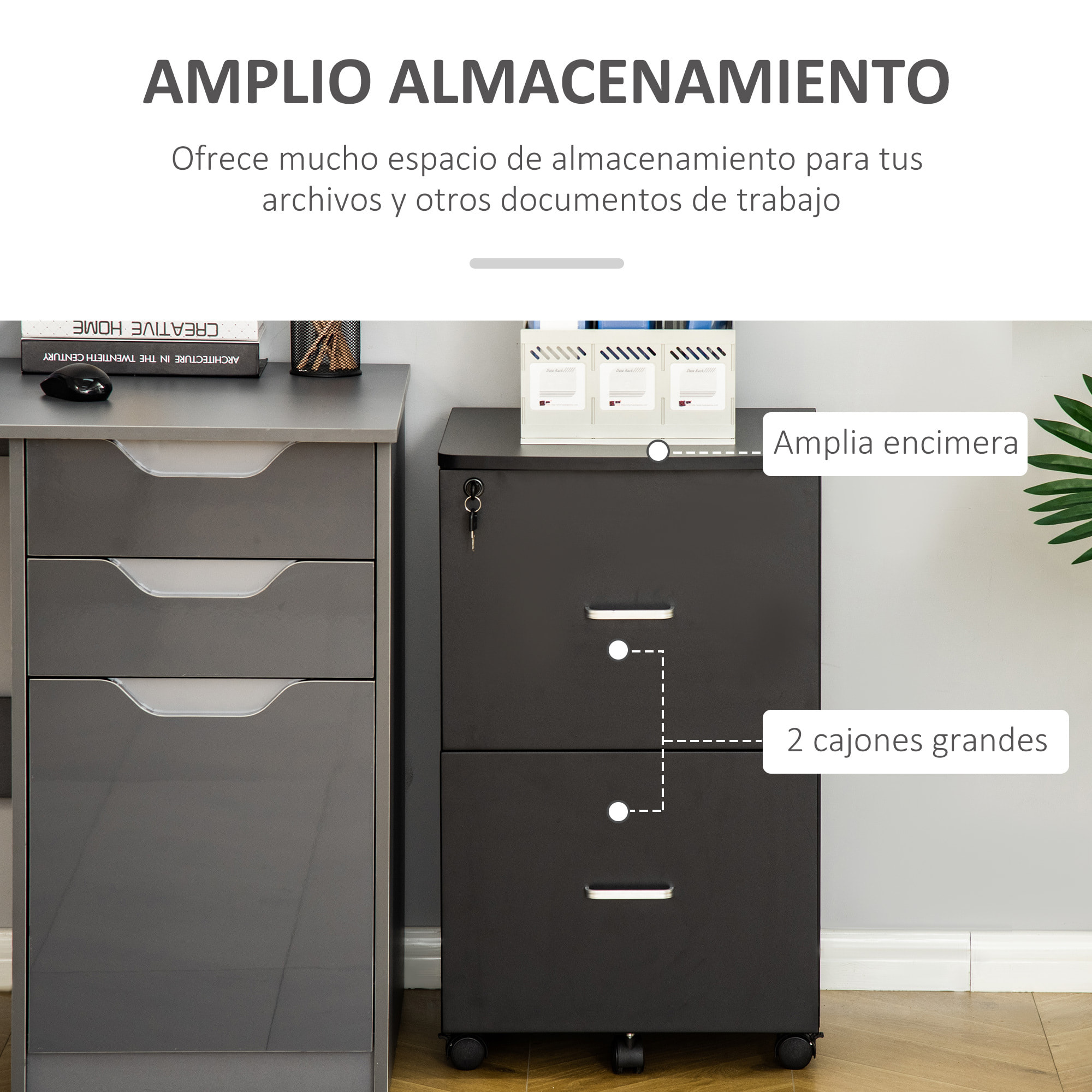 Vinsetto Cajonera de Oficina Mueble Auxiliar para Archivos con 2 Cajones Cerradura de 2 Llaves 5 Ruedas y 2 Frenos para Estudio Despacho Dormitorio 43x45x72 cm Negro