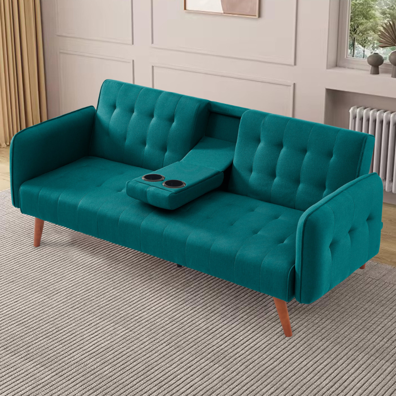 PERTH - Canapé 3 places convertible avec tablette centrale rabattable vert