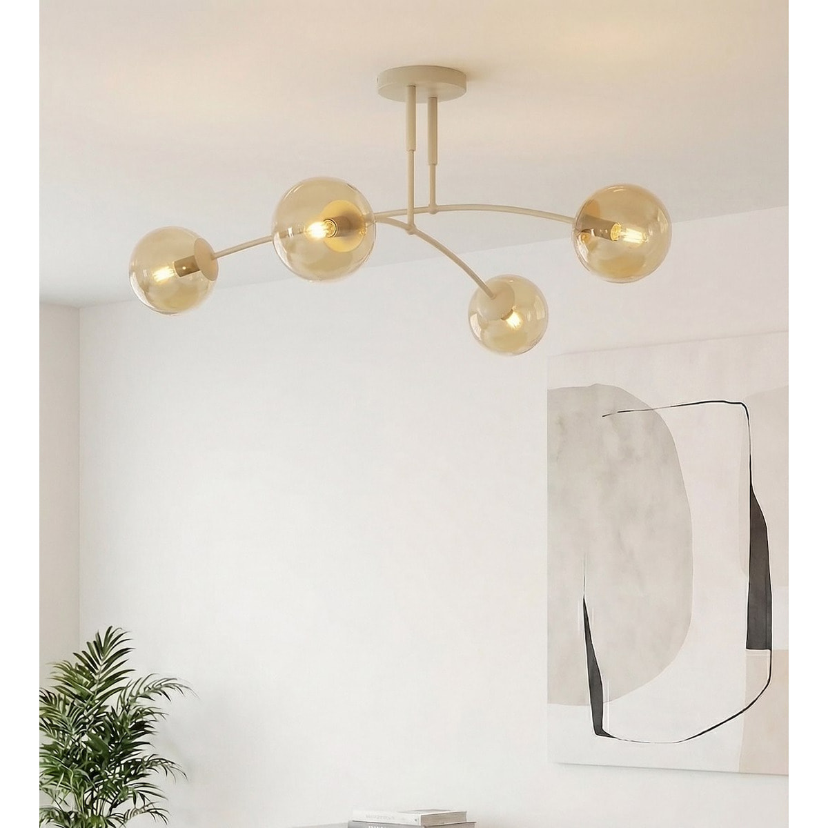 Lampada a sospensione Pregos in acciaio beige e vetro ambrato