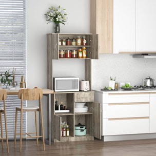 HOMCOM Armoire de cuisine multi-rangements 3 placards 2 niches tiroir panneaux particules classe E1 aspect chêne gris