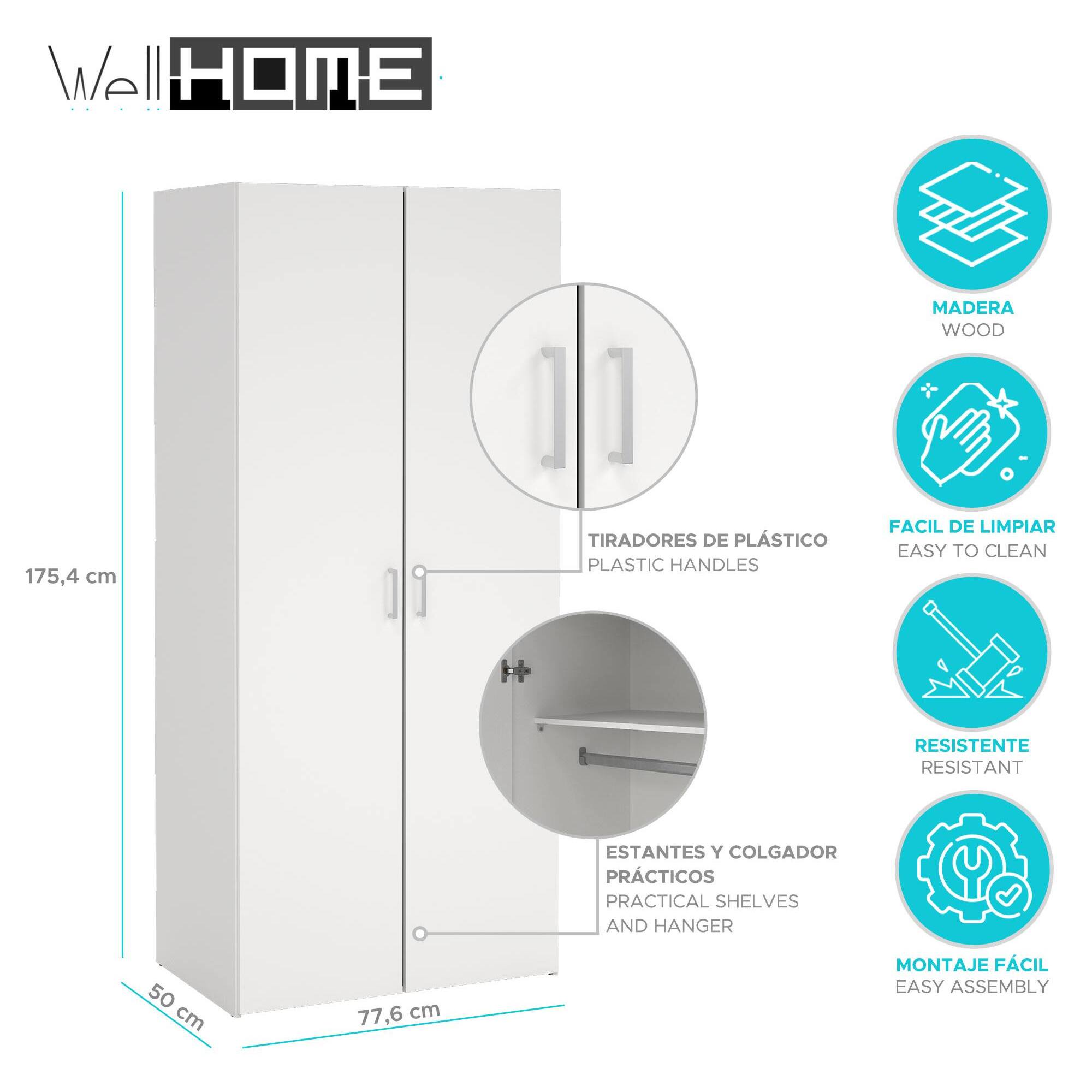 Armario duero con 2 puertas en color blanco 77,6x49,5x175,4cm