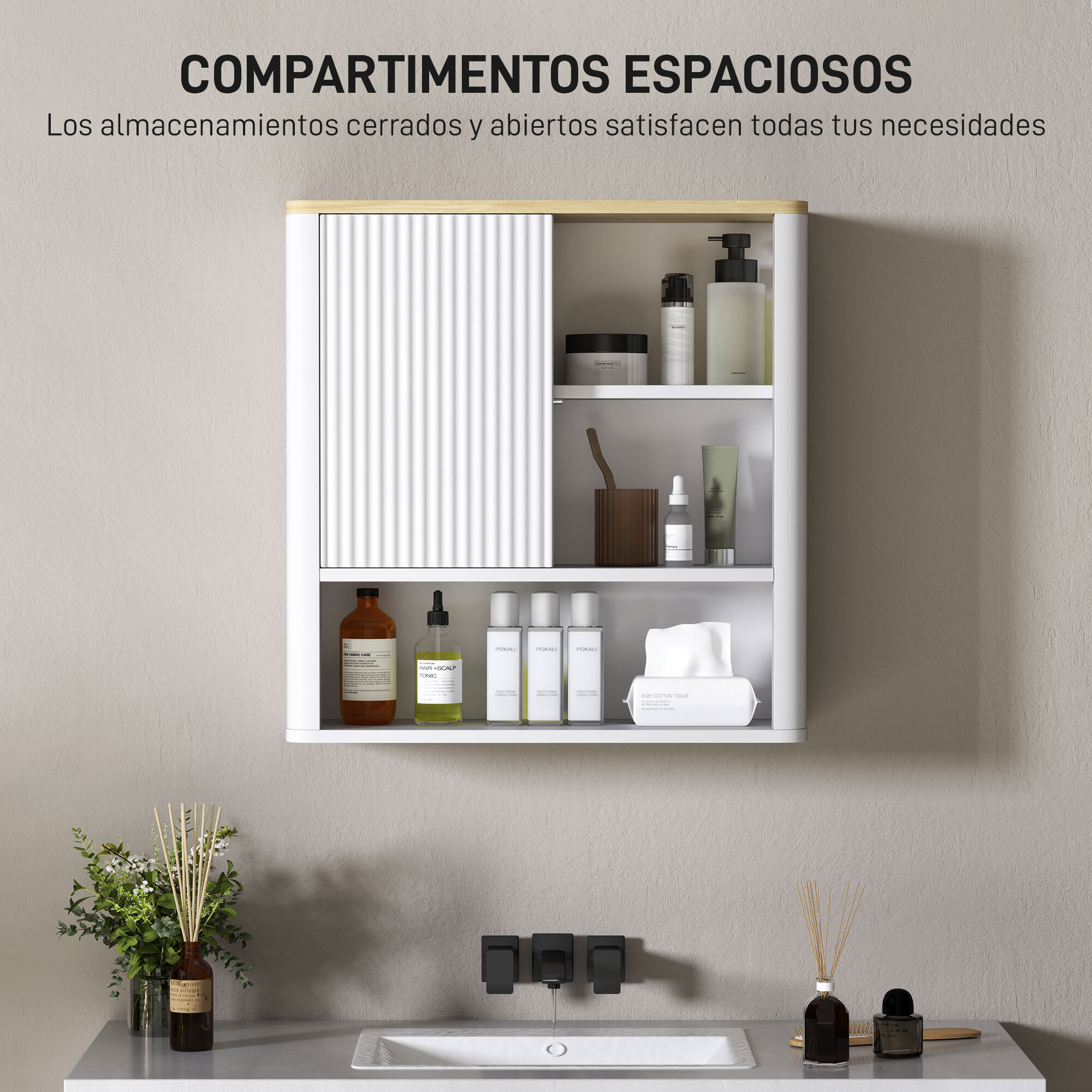Armario de Baño de Pared Mueble de Baño Colgar con Estantes Ajustables Puerta Corredera Compartimentos y Diseño con Perfil Curvo 60x20x62 cm Blanco