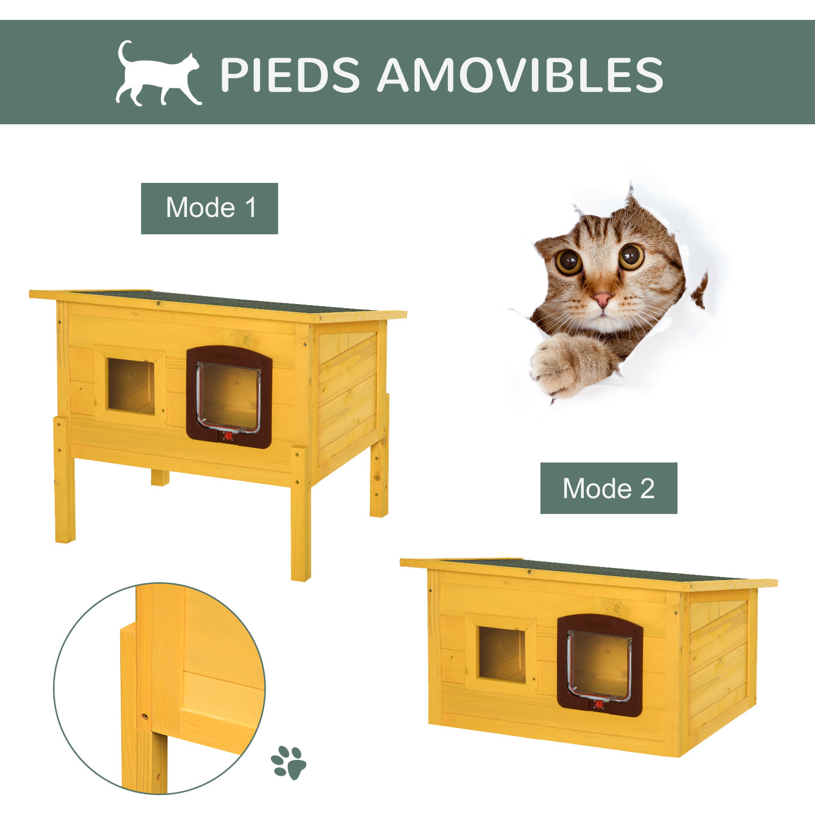 Maison niche pour chat sur pied toit bitumé ouvrant porte fenêtre bois verni