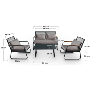 Conjunto de jardín 4 plazas, mesa centro+sofá+sillones de acero gris
