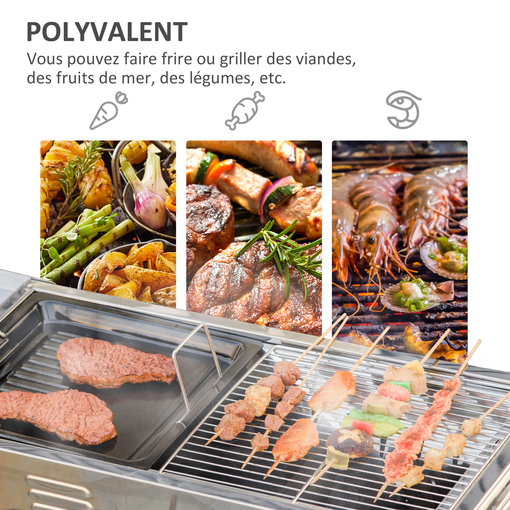 Barbecue à charbon pliable portable réglable BBQ grill sur pied avec tablettes rabattables, grille, plaque teppanyaki, pinces, récupérateur cendres acier inox.