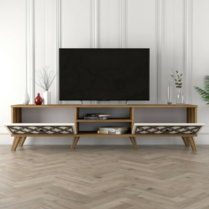 Mobile porta TV Dpietr, Credenza da soggiorno, Armadio basso per TV, Base parete attrezzata, 180x35h44 cm, Noce e Bianco