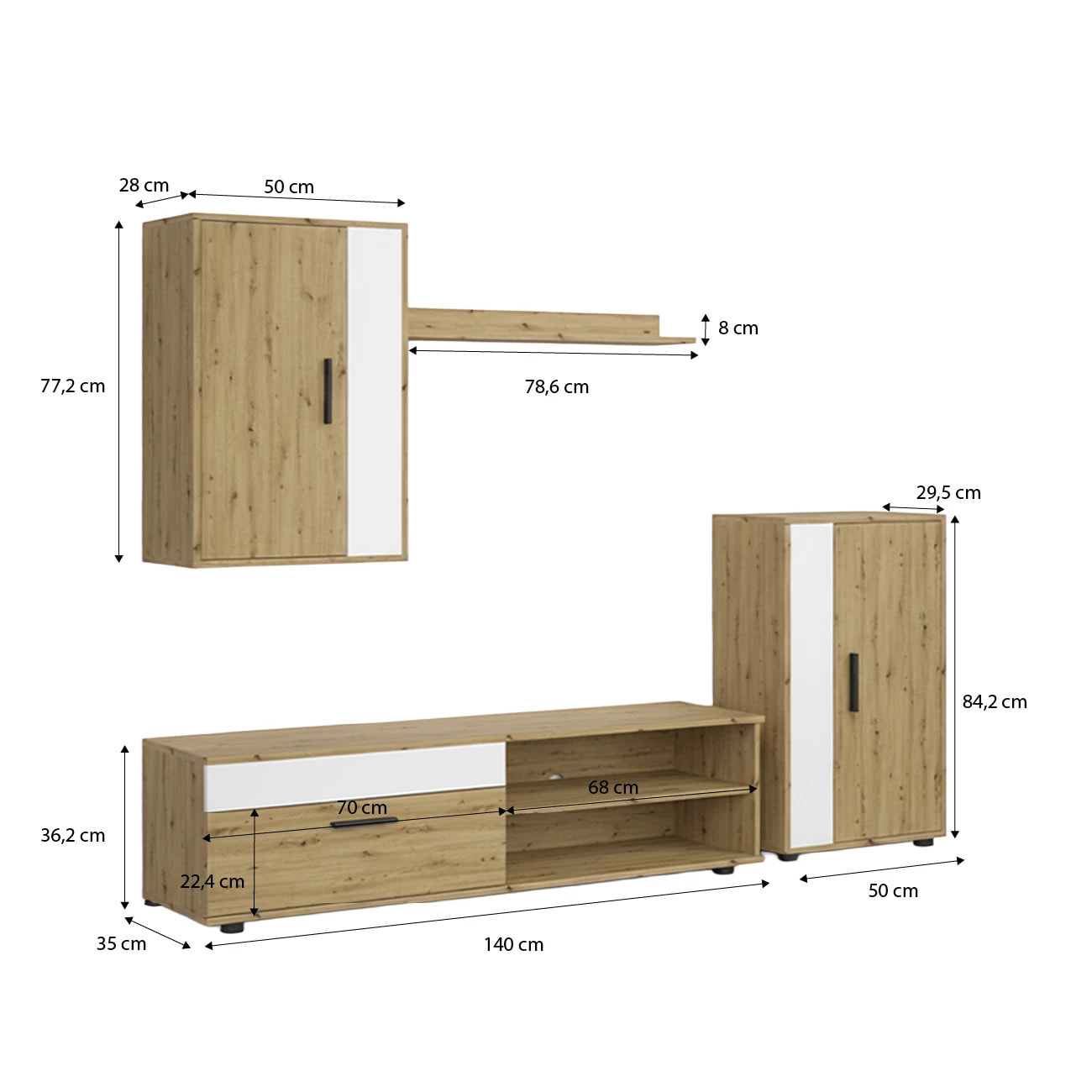 Salón modular con mueble TV en blanco artik y aplino 190 cm Lunet Blanco Artik (Blanco Mate) - Alpine Oak
