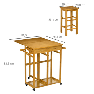 Juego de Mesa Alta de Bar y 2 Taburetes, Mesa Alta de Cocina de Bambú con Ruedas, Tablero Plegable, Ahorro Espacio, Cajones, Toalleros y Reposapiés, Marrón