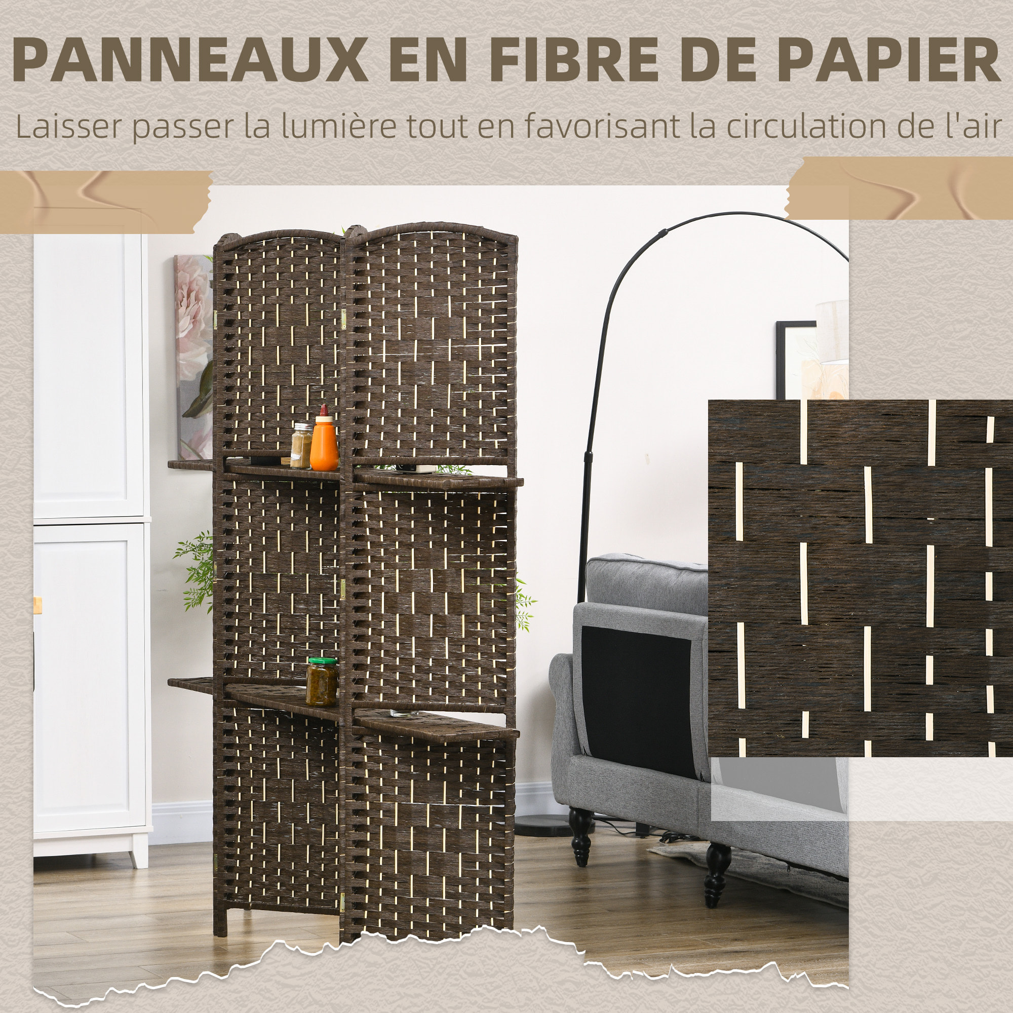 Paravent séparateur de pièce 4 panneaux pliables dim. 160L x 170H cm - 2 étagères - bois fibre papier brun