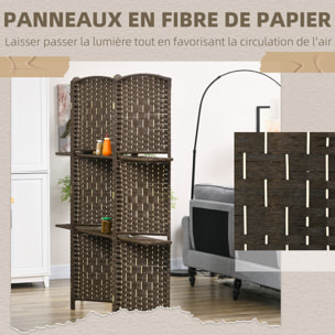 Paravent séparateur de pièce 4 panneaux pliables dim. 160L x 170H cm - 2 étagères - bois fibre papier brun