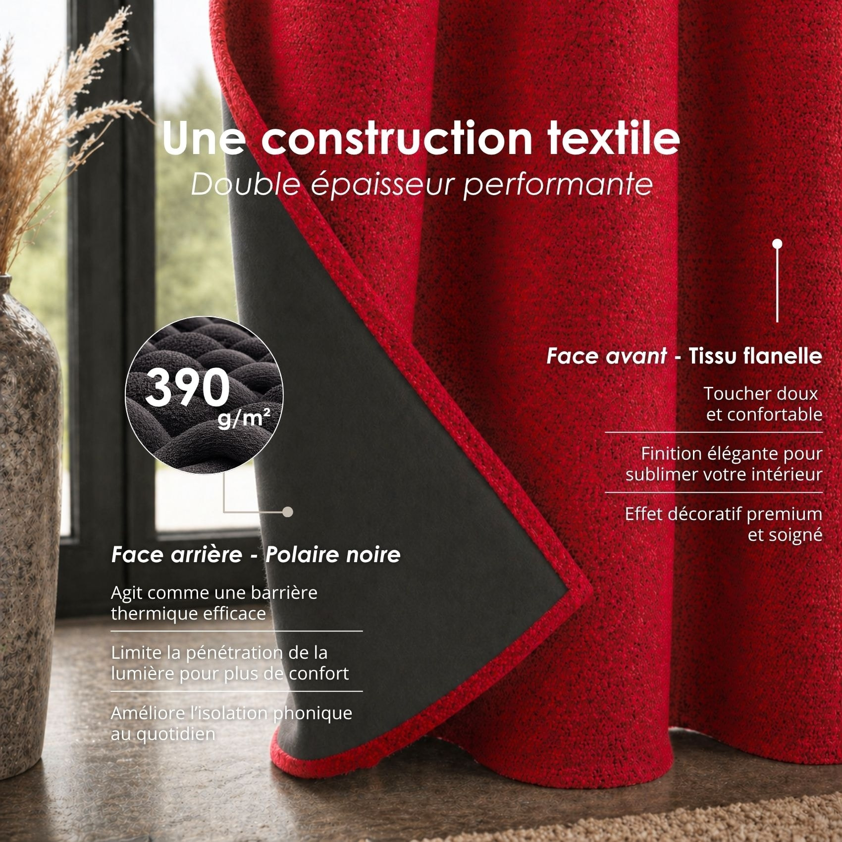 Rideau thermique phonique et semi occultant KONFOR - Rouge