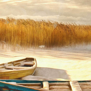 Tableau barques enneigées au lever doré Toile imprimée