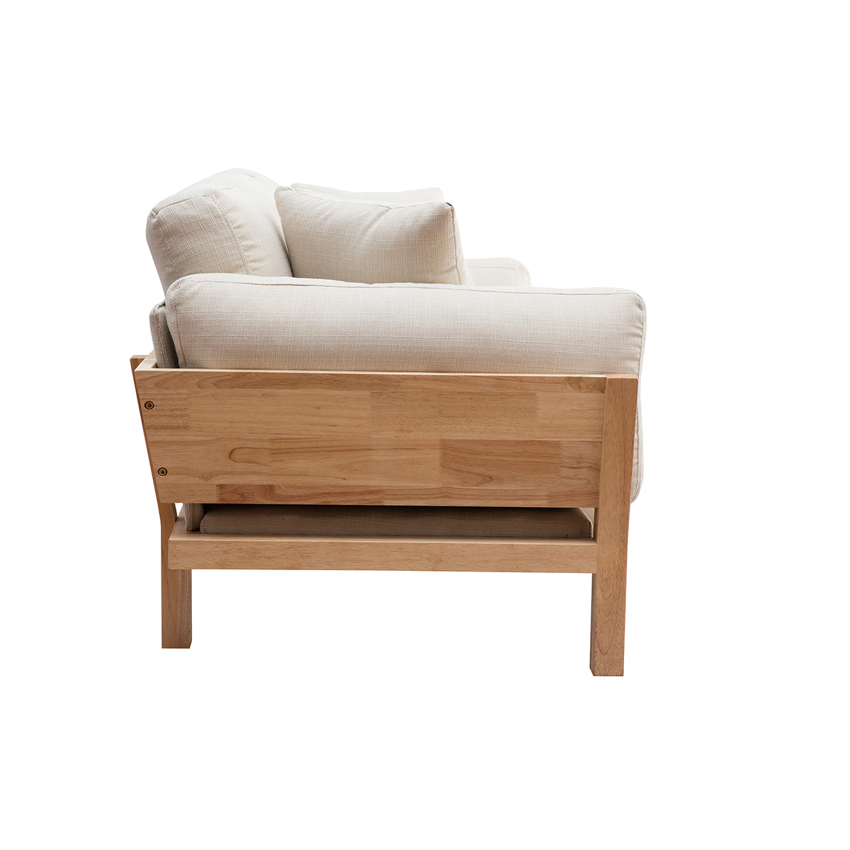 Canapé scandinave déhoussable 3 places en tissu blanc crème et bois clair KYO