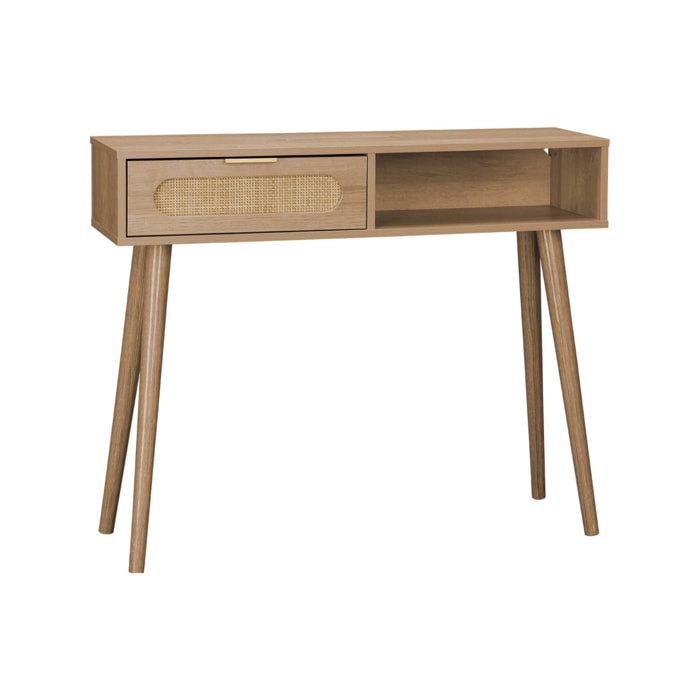 Console décor bois et cannage arrondi . Eva. 1 tiroir. 1 niche. pieds scandinaves. L 100 x l 29 x H 81cm