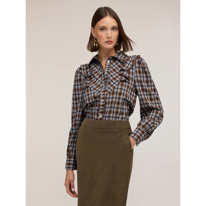 Motivi - Camicia a fantasia check con volant - Marrone