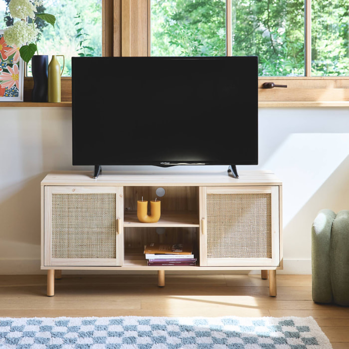 Meuble TV cannage et effet bois. 2 portes et 1 étagère. 120cm