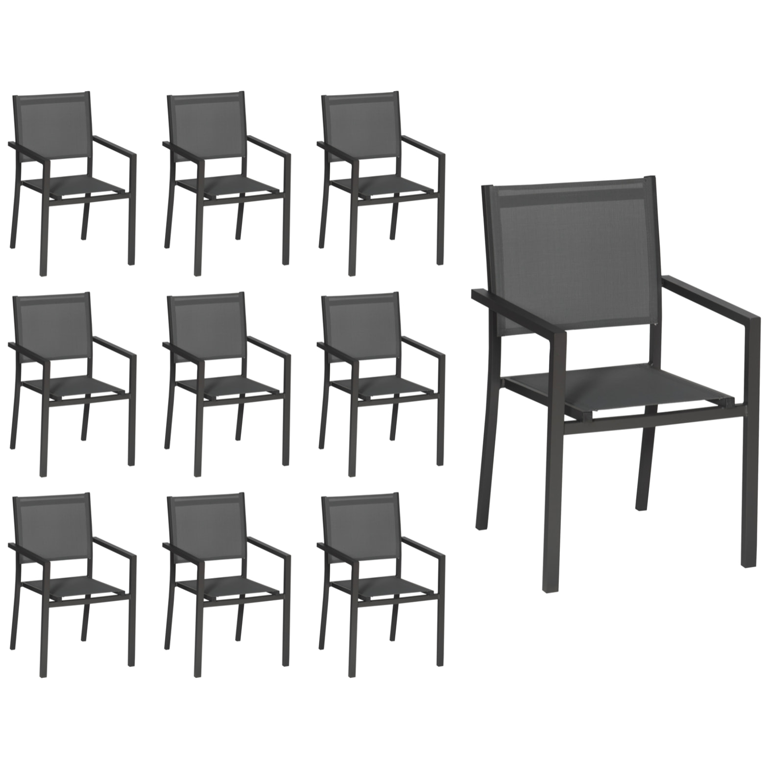 Lot de 10 chaises en aluminium anthracite - textilène gris