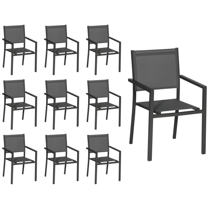 Lot de 10 chaises en aluminium anthracite - textilène gris