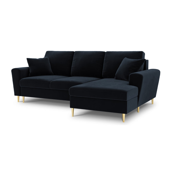 Canapé d'angle droit convertible avec coffre de rangement "Kyoto" 4 places en velours bleu foncé