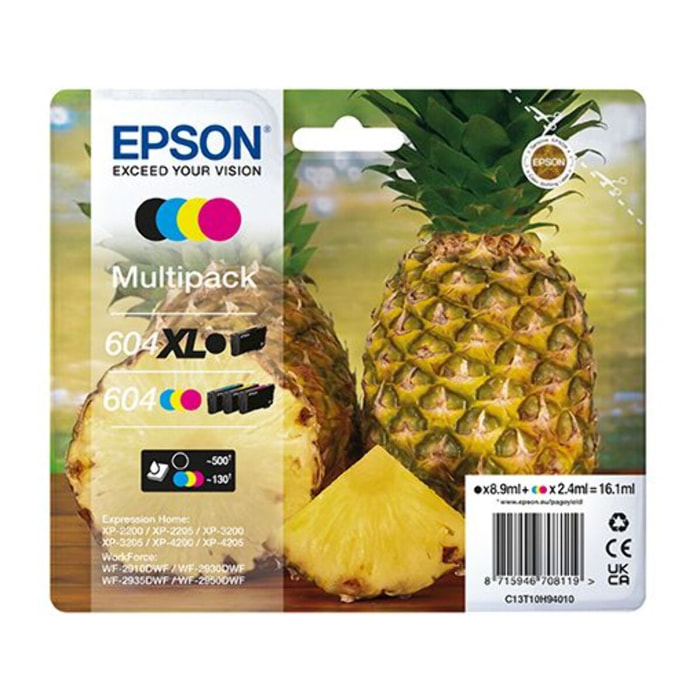 Cartouche d'encre EPSON Pack Multipack 4 Originales 604 (Noir XL + 3 Couleurs) Série Ananas - C13T09R64010