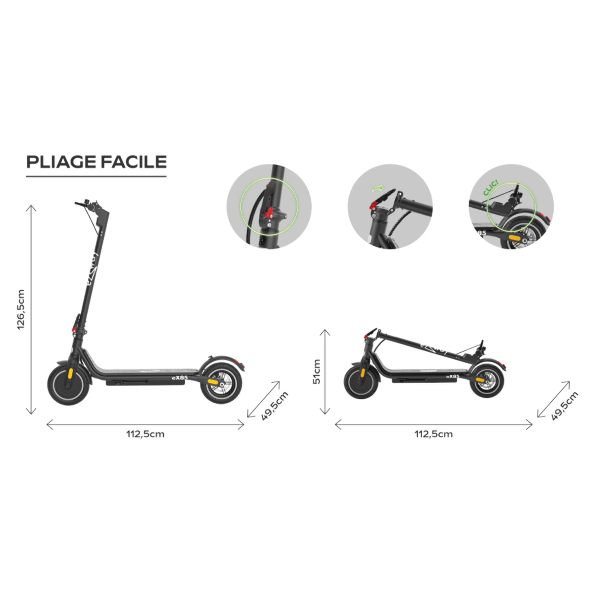 Trottinette électrique EZWAY EX85 - 25 km/h, 20 km d'autonomie, batterie 21,6V 7,8Ah, frein à disque, suspensions confort