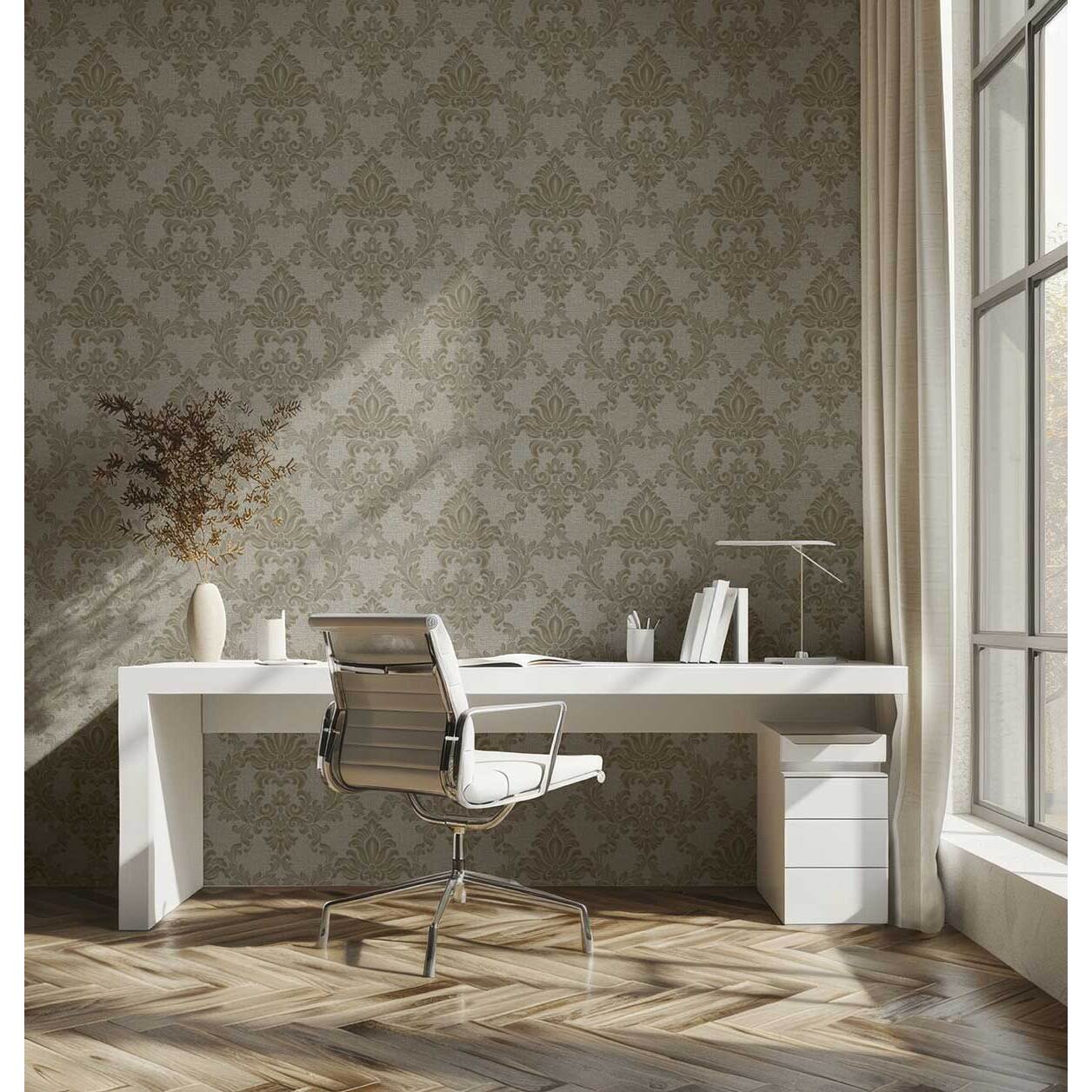 Papier peint baroque médaillon beige fond lin