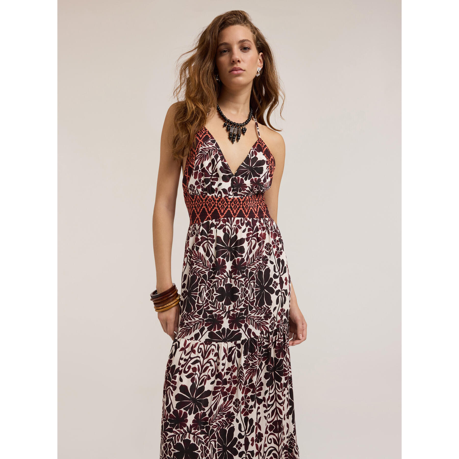 Motivi - Vestido largo de verano con estampado étnico - Marrón