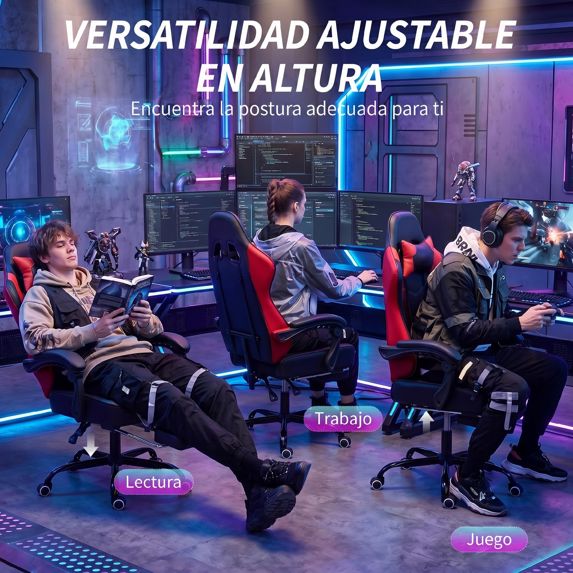 Silla Gaming Ergonómica, Silla Gamer con Lumbar Masaje Vibración, Reclinable 155°, Altura Ajustable, Reposacabezas y Reposapiés Retráctil, para Oficina, Estudio, Rojo