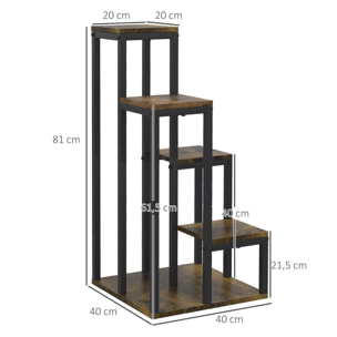 Support à fleurs style industriel 5 niveaux - porte plante 4 étagères - acier époxy noir aspect bois foncé
