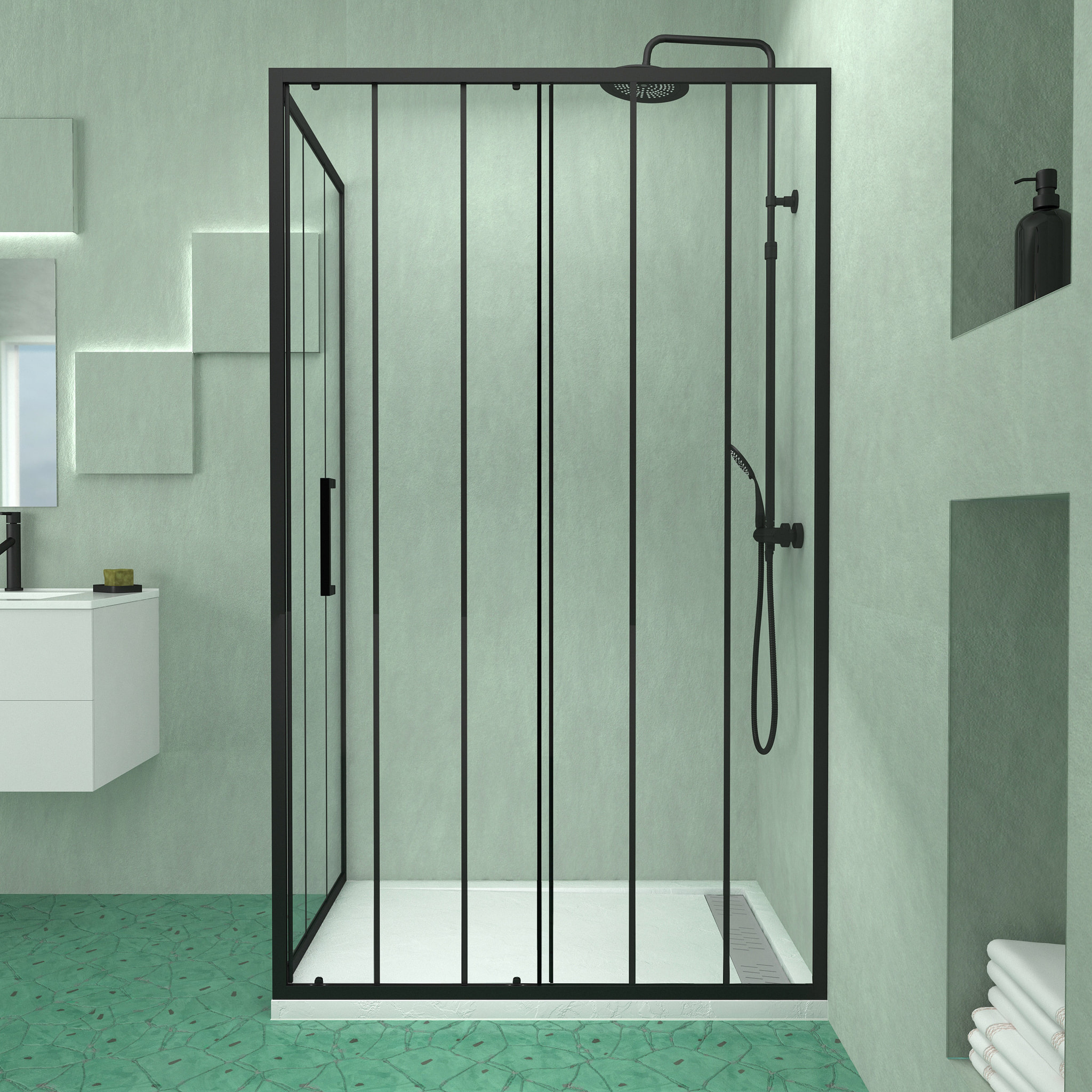Porte Coulissante et Retour avec Sérigraphie Noire 120x80x200 cm + Receveur Blanc Effet Pierre