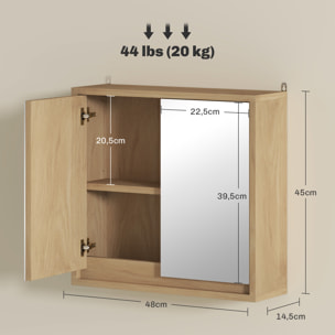 Armario de Baño con Espejo con 2 Puertas y Estante Ajustable Mueble Colgante de Baño para Aseo Estilo Moderno 48x14,5x45 cm Madera Natural