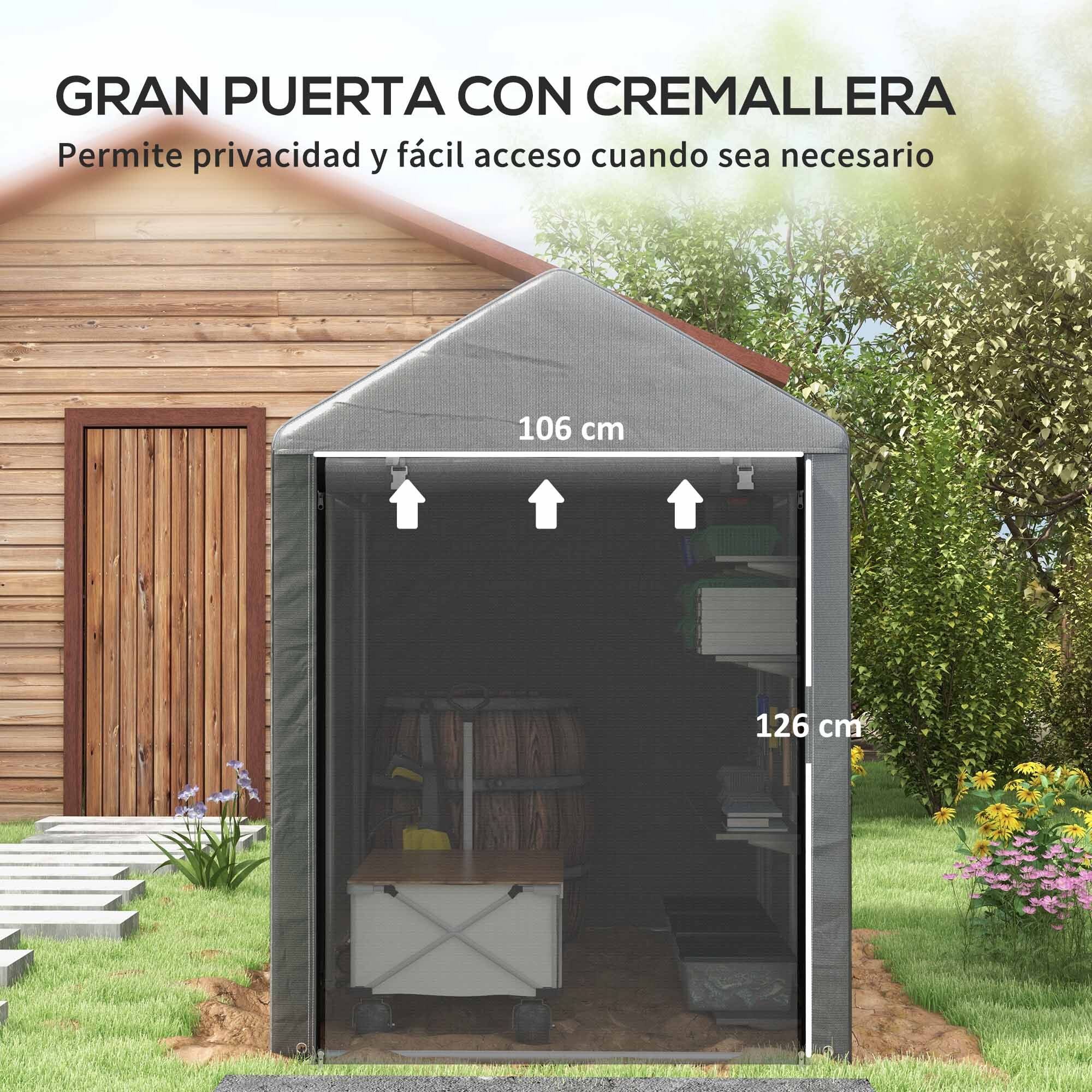 Carpa para Herramientas Bicicletas y Motos 1,2x1,8x1,65 m Garaje Portátil con 2 Habitaciones Puerta con Cremallera Impermeable Anti-UV Cochera Portátil para Jardín Gris Oscuro