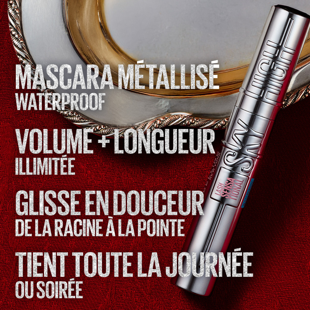 Maybelline New York Mascara Waterproof Cil Sensational Sky High Silver Chrome effet chromé argenté volume et longueur illimitée,