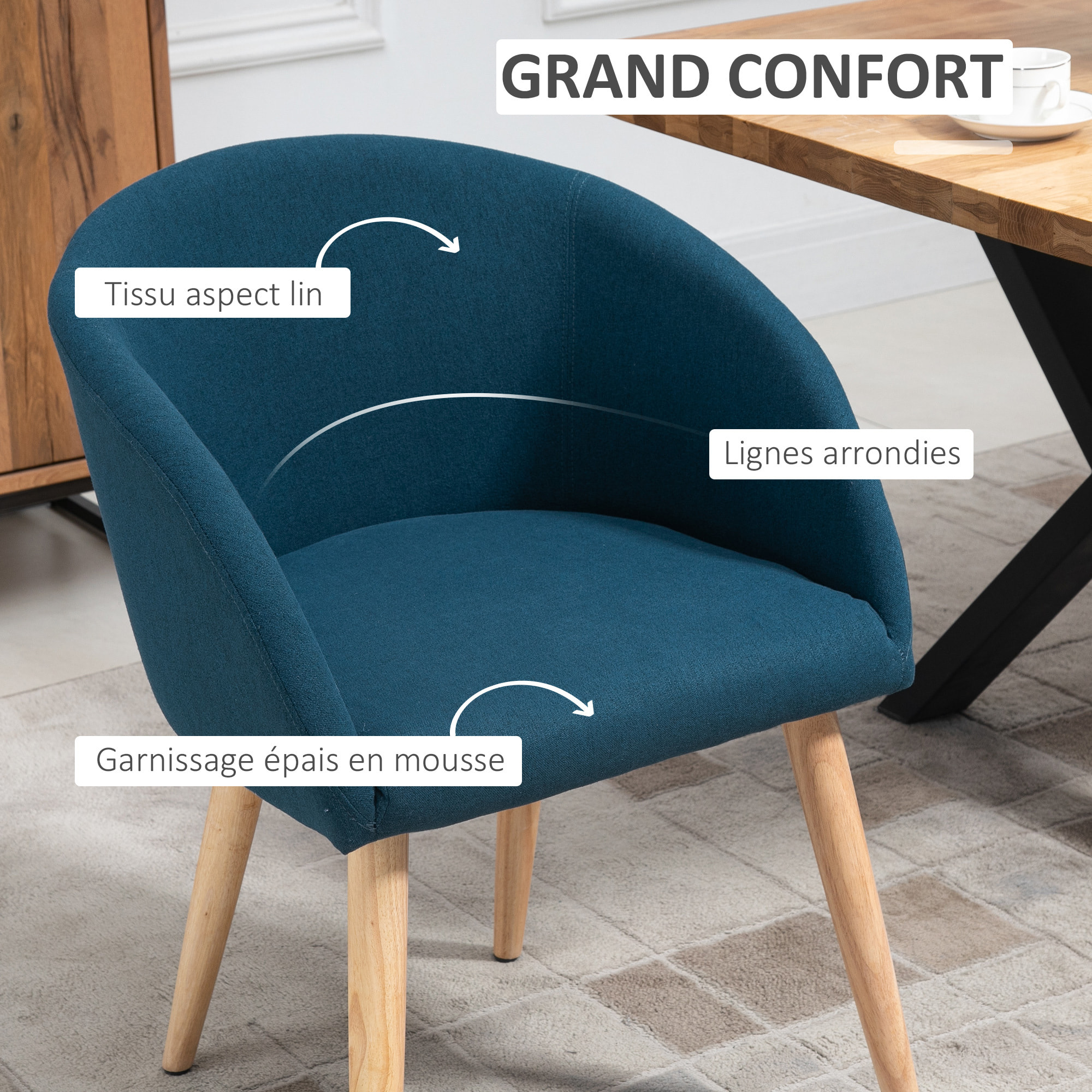 HOMCOM Chaises de visiteur design scandinave - lot de 2 chaises - pieds inclinés effilés bois caoutchouc - assise dossier accoudoirs ergonomiques aspect lin bleu canard