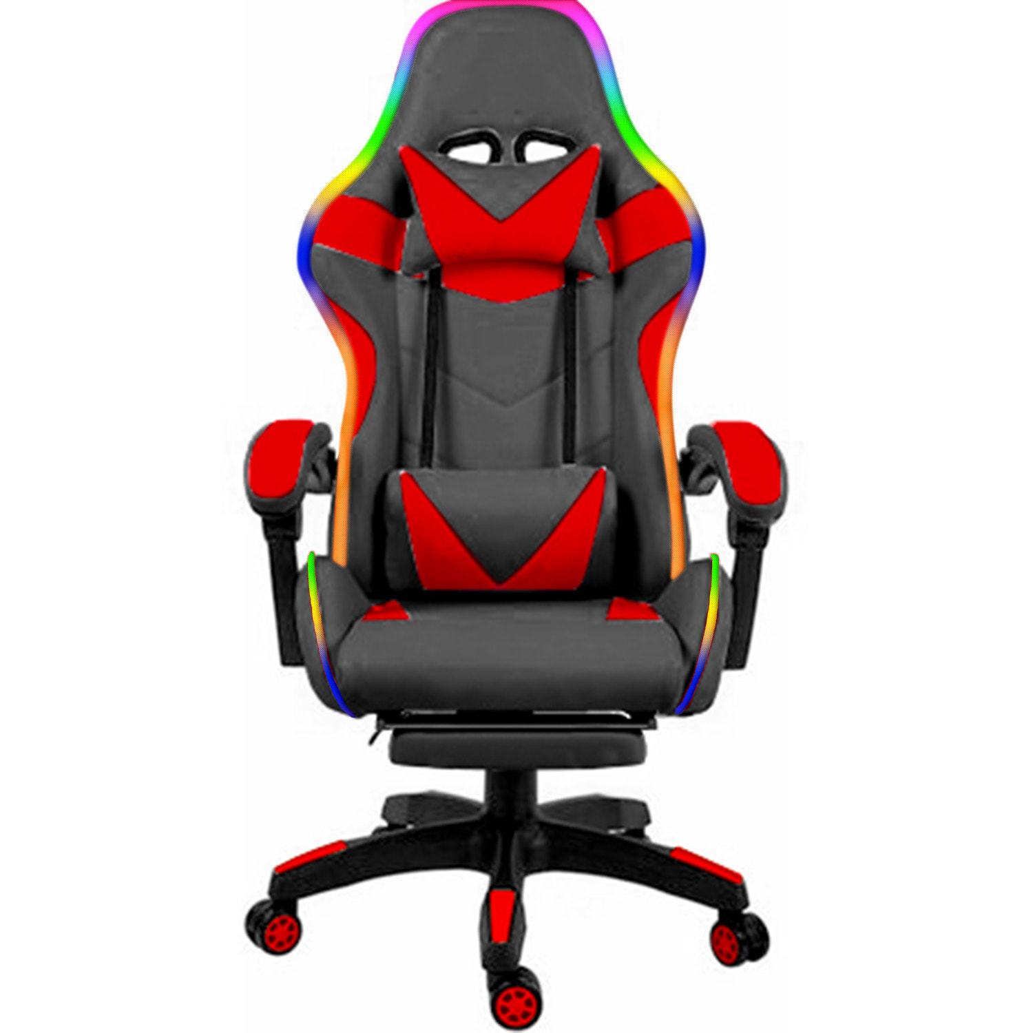 Sedia Gaming Con LED RGB Telecomando Poltrona Ufficio Scrivania Casa PC Racing Girevole Ergonomica Ecopelle Cuscino Lombare Poggiapiedi Nero Rosso