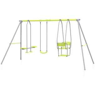 Balançoire 3 agrès portique 2 face à face et balançoire dim. 2,83L x 1,56l x 1,8H m métal époxy PE gris vert