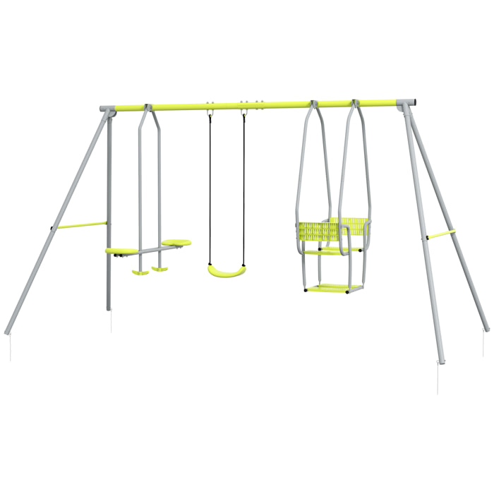 Balançoire 3 agrès portique 2 face à face et balançoire dim. 2,83L x 1,56l x 1,8H m métal époxy PE gris vert