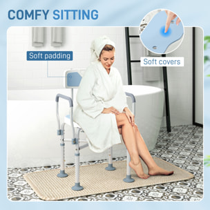 Tabouret de douche avec siège rembourrée et accoudoirs, chaise de douche, tabouret de bain, hauteur réglable 83-91,5 cm, cadre en aluminium et pieds antidérapants, bleu