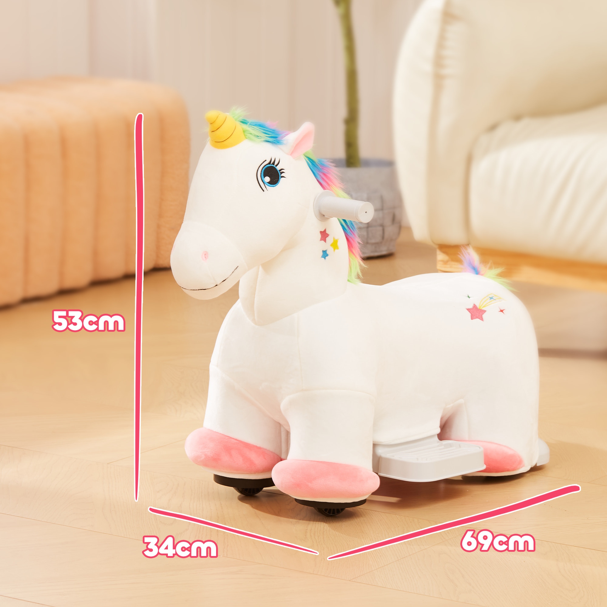 Unicornio Eléctrico para Niños de 18 a 36 Meses Caballo Balancín Eléctrico con Batería 6V y Música Carga 25 kg 69x34x53 cm Blanco