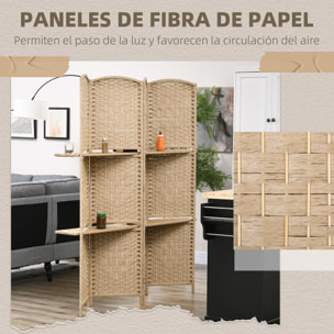 Biombo Separador de Ambientes de 4 Paneles 160x170 cm con 2 Estantes de Exhibición Pantalla de Privacidad Plegable Divisor para Oficina Dormitorio Natural