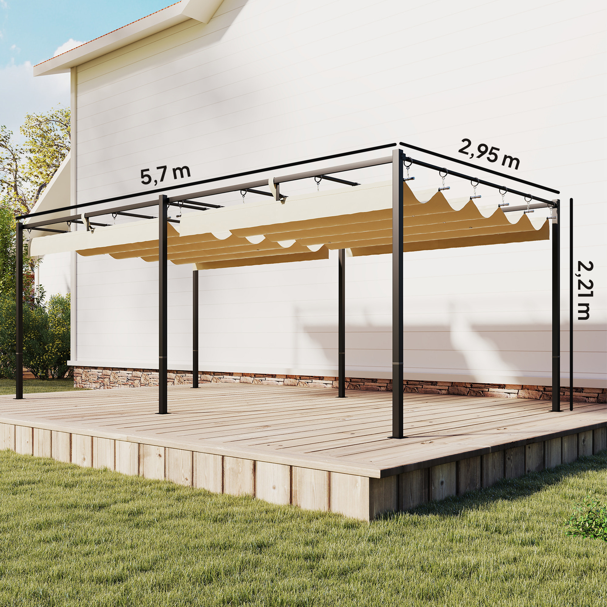 Pergola de jardin double toit rétractable structure métallique beige